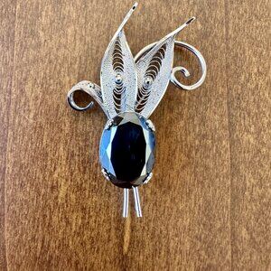 Vintage Sorrento sterling silver filigree hematite stone brooch flower pin